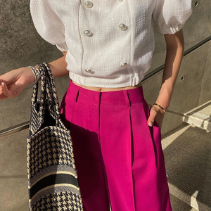 Abiti da donna pantaloni coreani di moda rosa pieghettati da ufficio Casual a vita alta pantaloni larghi da donna - Product Image 2