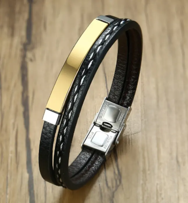 Custom Engraving Name Logo Vintage Stainless Steel Multi Layer Pu Leather Braided Bracelet For Men