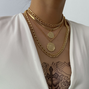 Toptan Punk çok katmanlı Curb küba tıknaz kalın portre gerdanlık kolye kadınlar Vintage oyma sikke kolye takı - Product Image 3
