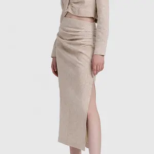 From Attitude Women Office High Waist Straight Split Hem Beige Midi Folds Linen Skirt