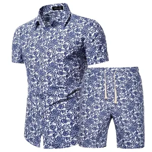 批发热卖夏季全印新款夏威夷沙滩装男装衬衫和短裤套装加大码至5XL