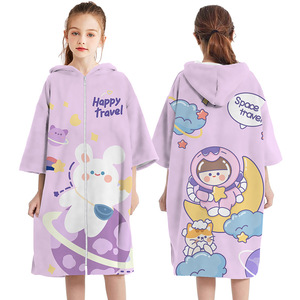<span class=keywords><strong>Poncho</strong></span> à capuche en microfibre suédée à séchage rapide avec fermeture éclair, motifs lapin et requin pour enfants, pour la baignade et la plage - Product Image 2