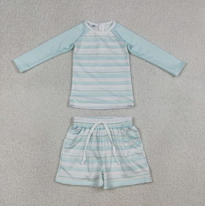 Ensemble de maillots de bain pour frères et sœurs, garçons et filles, bleu clair à rayures, haut à manches longues, short avec fermeture éclair au dos - Product Image 4