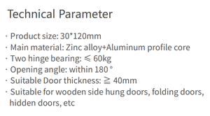 Bisagra Oculta Plegable para Puerta de Mueble Moderno, 30x120mm, Ajustable en 3D, de Zinc, Capacidad de 60 kg, Modelo BLD-G120, Apertura de 180 Grados - Product Image 3