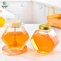 Stoples Madu Kaca Heksagonal 100ml 180ml 280ml 380ml dengan Tutup Kayu dan Segel Gabus untuk Gula Madu