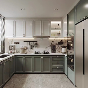 Ensemble d'armoires de <span class=keywords><strong>cuisine</strong></span> de style Shaker en kit, bicolore vert sauge et blanc, avec portes encadrées et éclairage intégré, mobilier de <span class=keywords><strong>cuisine</strong></span> moderne pour la maison - Product Image 1