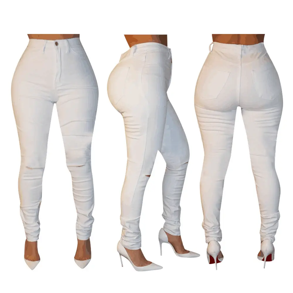 กางเกงทรงดินสอสีขาวแบบขาดๆสำหรับผู้หญิงปี91023-MX41