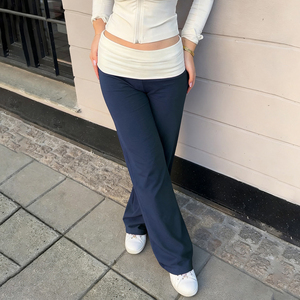 Women's Foldover Waist Wide Leg Pants, High Waist Flared Lounge Flared Minimalist Casual Yoga Trousers - Product Image 5