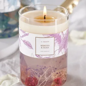 M & Sense-gel kaarsen, vela perfumada de cera de gel con pantalla de seda de flores secas, venta al por mayor