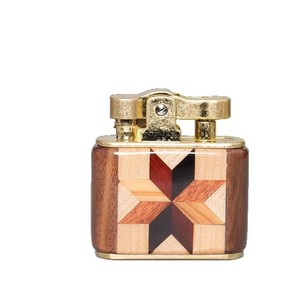<b>Windproof</b> <b>Lighter</b> Square Wood Inlay Design Side Sliding Wheel Cigar Accessory Portable Men's Gift - Product Image 4