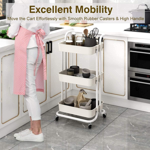 Chariot utilitaire à 3 niveaux en maille avec poignée et roues verrouillables, étagères de rangement multifonctionnelles pour la cuisine, le salon, le bureau - Product Image 6