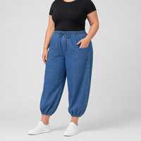 Pantalon de jogging en jean bleu pour femme grande taille, taille à cordon, poches plaquées, bas de jambe côtelé, taille US, OEM