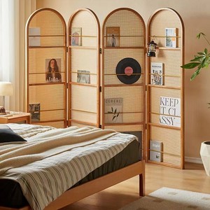 Biombo plegable de ratán estilo retro con estantes para sala de estar, dormitorio, entrada, divisor de ambientes - Product Image 5