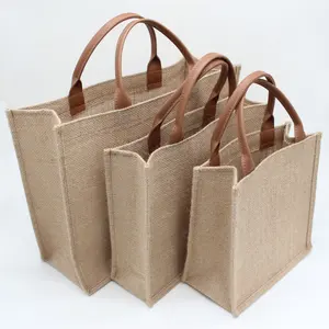 Hot Sale New Arrival Fashion Jute Tote Bag Jute Bag With Leather Handle Linen Shopping Bag