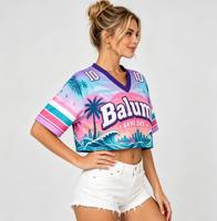 Maillot de baseball court personnalisé pour femme avec motif dégradé par sublimation, col en V, manches courtes, idéal pour les matchs d'équipe et les festivals