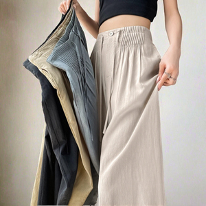 Pantalon en coton taille haute pour femme, coupe ample, plissé, longueur intégrale, couleur unie, décontracté, respirant, taille élastique, idéal pour l'été - Product Image 3