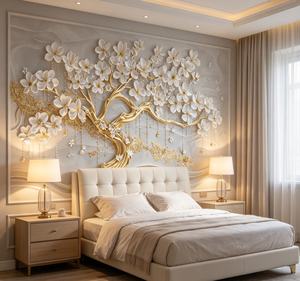 Murale 3D Personalizzato con Albero Dorato e Magnolia Bianca in Rilievo, Carta da Parati di Lusso per Villa, Hotel, Appartamento - Product Image 1