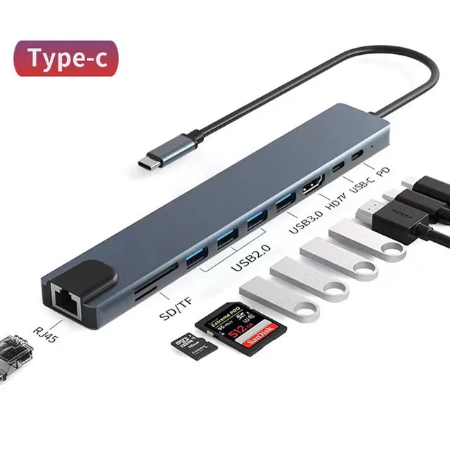 Docking Station USB-C Hub 4K for Converter RJ45 100Mbps PD Charge USB Splitter 10-Port TF SD Card Reader Extend Adapter