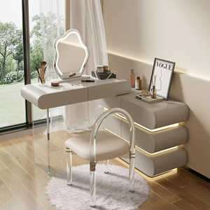 Table de toilette en bois crème de luxe moderne avec lumière LED, rangement assemblé pour hôtel, salon, chambre à coucher, coiffeuse, miroir de maquillage - Product Image 3