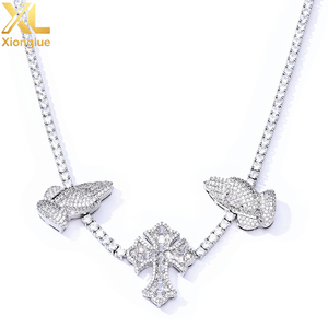 European American Vintage S925 Silver Moissanite <b>Cross</b> Praying Hands Tennis <b>Chain</b> Custom Hip Hop Men's Necklace - Product Image 2