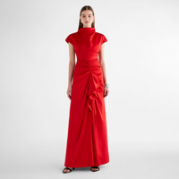 Gaun Maxi Formal Wanita Merah dengan Kerah Draped, Lengan Pendek, Pinggang Berkerut, dan Bagian Depan Draped untuk Acara Spesial