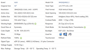 شاشة عرض LCD طراز M430QVN02.2 M430QVN02.0 مقاس 43 بوصة بدقة 4K ومعدل تحديث 144 هرتز لجهاز Asus XG43UQ - Product Image 2