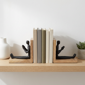 AK Brass Metal Reading Man Figurine on Wood <b>Bookends</b> in Black Finished Set of 2 For Library Decor / Room Decor - Product Image 1