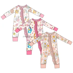 New Arrival Easter Style Custom Pattern Print Kids Ruffle Romper Bamboo Fiber Folded Hands Feet Baby Girls Sleeping Pajamas