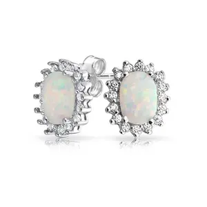 Big Oval Lab Created Opal Stud Earrings Elegant Jewelry 925 Silver Stud Earring For Women Charm Jewelry