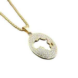 Top Quality Custom Gold Plated Iced Out Rhinestone Crystal Stainless Steel Hollow African Map Pendant Necklace