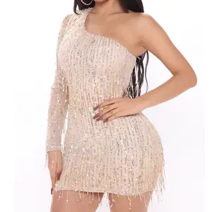 Bán Buôn Bodycon Off Shoulder Sexy Bọc Phụ Nữ Tua Sequin Không Tay Câu Lạc Bộ Đảng Mini Dress