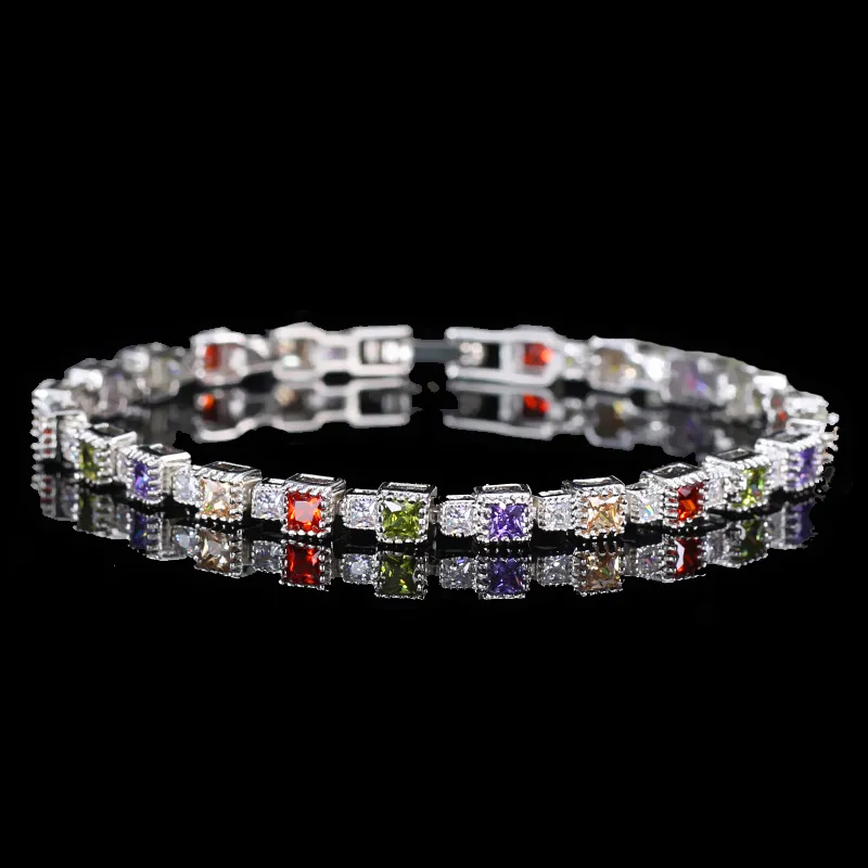 Shiny White Gold Plated Square Cubic Zirconia Crystal Multi Color CZ Tennis Bracelets Bangle Jewelry Gift with a Safety Clasp