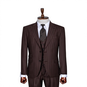 Costume d'affaires pour homme en laine tissée, marron à fines rayures, simple boutonnage, col à revers, coupe droite, style britannique - Product Image 1