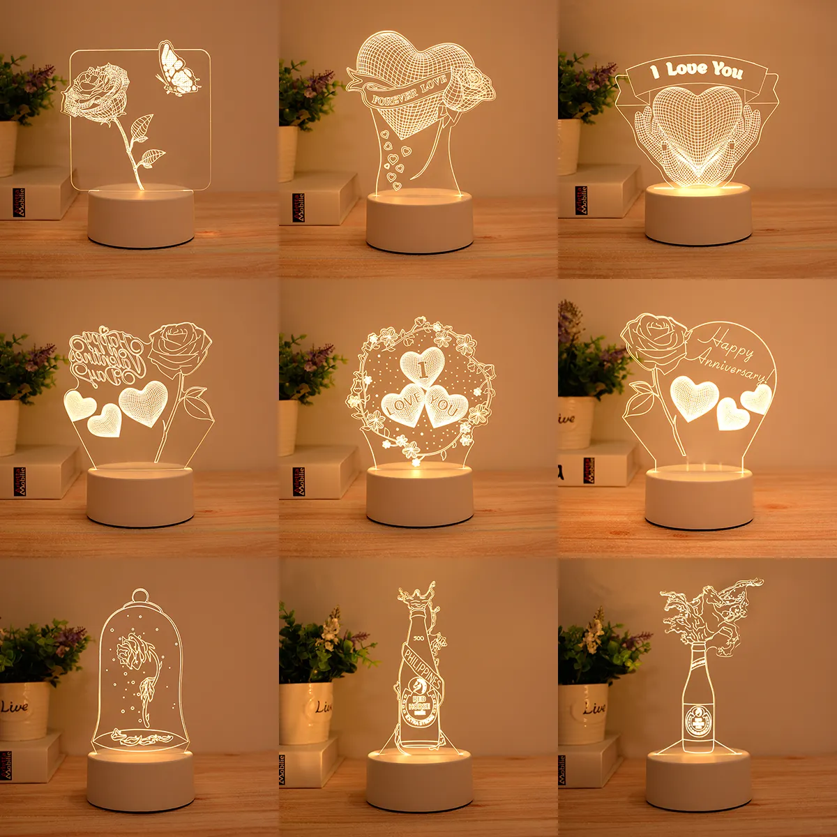 3d Illusie Led Lampen Creatieve Cartoon Mini Warm Acryl Led Tafel Bureaulamp Decoratie Nachtverlichting