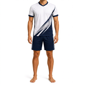 Ensemble de maillots de football unisexes personnalisés, blanc et marine, col en V, impression sublimée, respirant, anti-transpiration, polyester écologique - Product Image 1