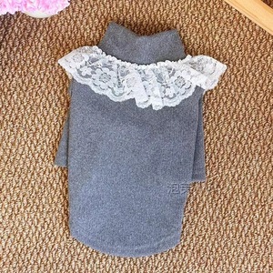 Pull gris à col roulé pour animaux de compagnie avec col en dentelle et nœud pour chats et chiens, couche de base chaude, vêtements d'hiver - Product Image 3
