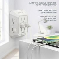 Multiprise murale 3 voies avec 6 prises espacées et 1 port USB à charge rapide, fonction veilleuse, blanc