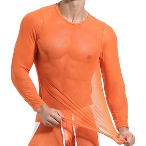 Magliette da uomo in rete arancione biancheria intima <span class=keywords><strong>trasparente</strong></span> Sexy top trasparenti See Through Undereshirt Club Wear magliette Vintage <span class=keywords><strong>camicia</strong></span> <span class=keywords><strong>nera</strong></span> - Product Image 2