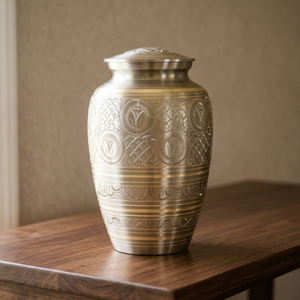 Silver Metal Cremation Urn 220 Cubic Inch Decorative Memorial <b>Keepsake</b> Floral Engraved <b>Ashes</b> Container - Indian Home Crafts - Product Image 3