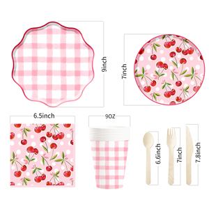 Ensemble de vaisselle jetable DAMAI sur le thème des fruits, cerise rose, joyeux anniversaire, pour 10 invités, assiettes à dessert et à dîner en papier, ensembles de vaisselle de fête - Product Image 6