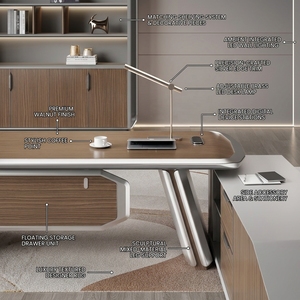 Escritorio Ejecutivo Moderno en Forma de L, Mesa Curva de Lujo para Gerentes, Estación de Trabajo con Cajones Laterales con Cerradura <span class=keywords><strong>y</strong></span> Almacenamiento - Product Image 5