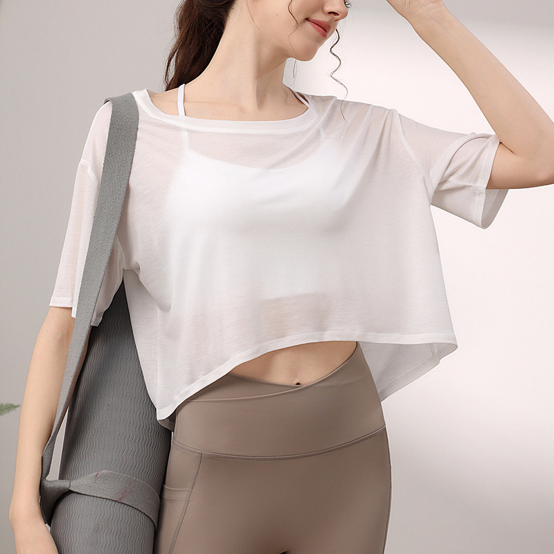 New Lightweight Breathable 100% Lyocell Short Sleeve Solid Simple Sports Top Womens Loose Slimming Fitness Running Cover-Up Yoga