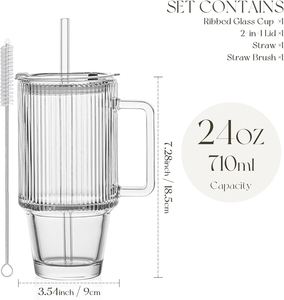 Bicchiere in Vetro Grigio Fumo da 600ml <span class=keywords><strong>con</strong></span> Strisce Decorative, Tazza per Bevande Fredde, Acqua, Succo <span class=keywords><strong>con</strong></span> Coperchio e Cannuccia - Product Image 6