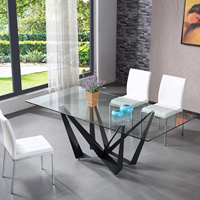 Table à manger en verre transparent moderne, best-seller, design extensible avec base croisée unique en acier inoxydable