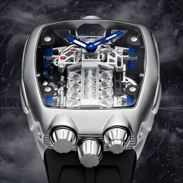 Large Dial Mechanical Watch Engine Design Automatic Mechanical Movement Stainless Steel Case Black Blue Water Resistant