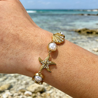 Bracelet en acier inoxydable plaqué or 18 carats avec étoile de mer, coquillage et perle pour femme, breloque CZ thème océan et plage, vente en gros OEM
