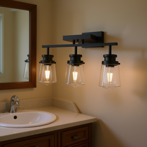 Luminaire de salle de bain classique à 3 lumières, noir, à montage au plafond, avec abat-jour en verre transparent, en métal, LED blanc chaud 2700K - Product Image 2