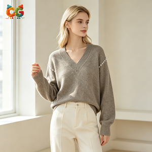 CG OEM ODM Custom V Neck Contrast X Stitch Detail Knit Sweater Casual Loose <strong>Long</strong> Sleeve Warm Pullover Fall Winter <strong>Ladies</strong> <strong>Jumper</strong> - Product Image 2