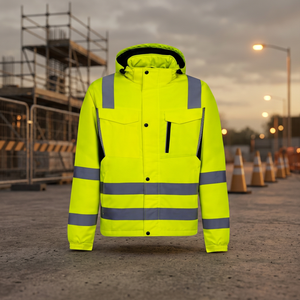 Chaqueta de Trabajo de Alta Visibilidad para Hombre, Chaqueta de Seguridad Reflectante de Poliéster, Amarillo Fluorescente con Capucha y Rayas - Product Image 2