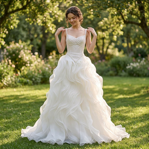 Robe de mariée formelle Jancember 261046 en tulle à volants, avec bretelles spaghetti, motif losanges blancs et <span class=keywords><strong>taille</strong></span> basque - Product Image 1